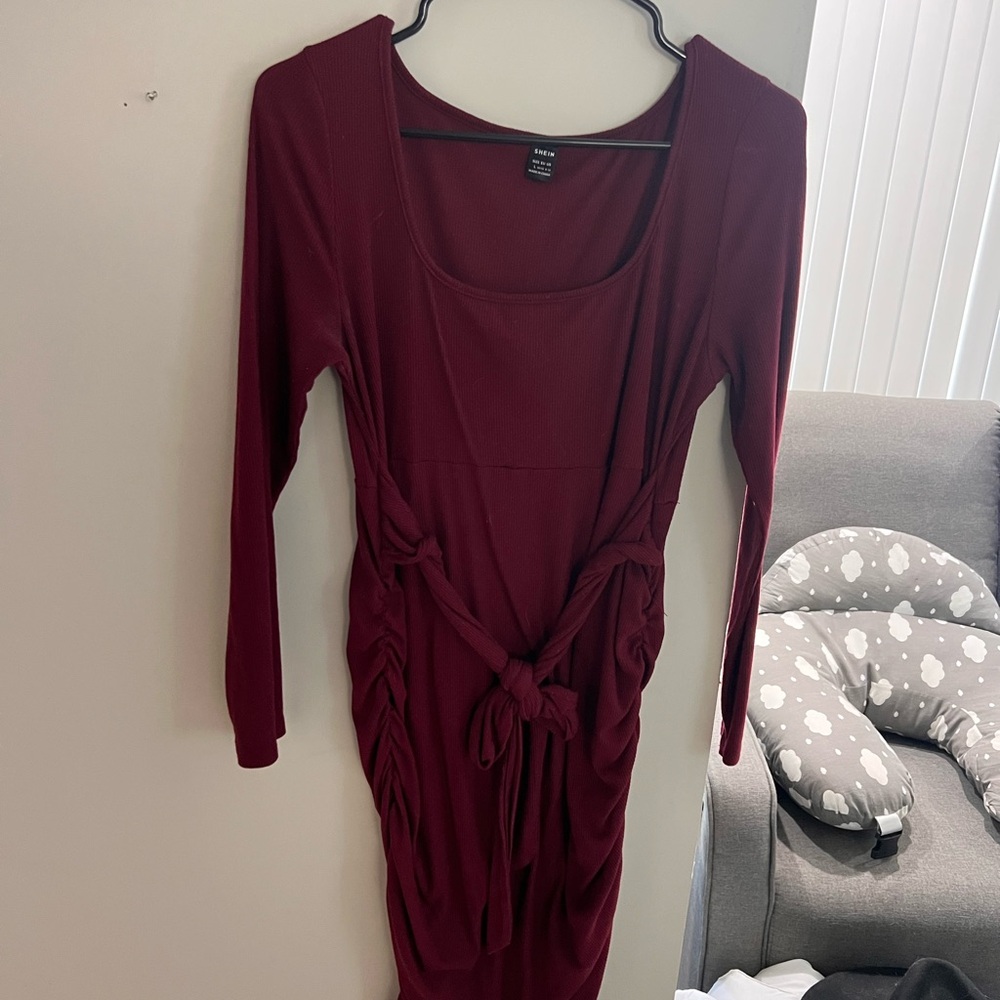 SHEIN Red Ruched Tie Front Bodycon Dress